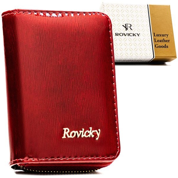 Mały portfel damski ze skóry naturalnej w czerwonym kolorze, wyposażony w system RFID - Rovicky. Czerwone portfele damskie ROVICKY, bez wzorów, ze skóry. Za 51.99 zł.