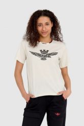 AERONAUTICA MILITARE Kremowy luźny t-shirt damski z wypukłym orłem Comfort Fit. Brązowe t-shirty damskie AERONAUTICA MILITARE, s, bez wzorów, z bawełny, bez kołnierzyka. W wyprzedaży za 299.99 zł.
