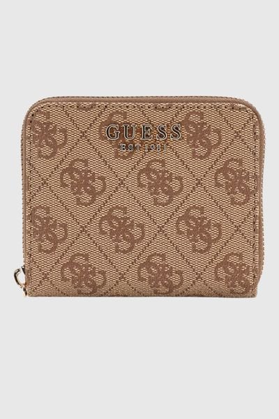 GUESS Beżowy mały portfel damski Laurel. Brązowe portfele damskie Guess, z aplikacjami. W wyprzedaży za 151.99 zł.