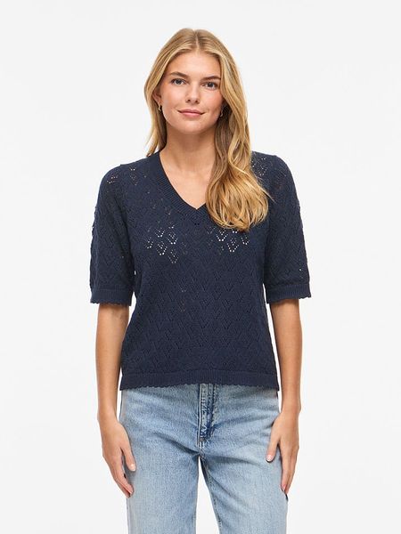 Vila Sweter "Visava" w kolorze granatowym rozmiar: S. Niebieskie swetry klasyczne damskie Vila, s, z bawełny, bez kołnierzyka. Za 74.46 zł.