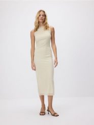 Sukienka maxi z drapowaniem - jasnożółty. Żółte sukienki damskie Reserved, l, bez wzorów, z dzianiny, bez kołnierzyka, bez ramiączek, maxi, dopasowane. Za 99.99 zł.