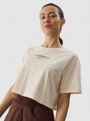 4F T-shirt crop top z nadrukiem damski - kremowy M. Brązowe t-shirty damskie 4f, m, bez wzorów, z bawełny, bez kołnierzyka. W wyprzedaży za 39.99 zł.
