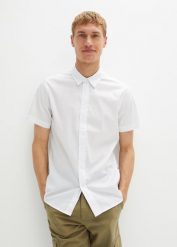 Koszula z krótkim rękawem Slim Fit. Białe koszule męskie bonprix, l, bez wzorów, bez kołnierzyka, bez ramiączek. Za 82.99 zł.