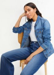 Kurtka jeansowa ze stretchem, basic. Niebieskie kurtki damskie bonprix, bez wzorów, z jeansu, bez kaptura. Za 154.99 zł.