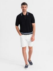 Męskie jeansowe klasyczne szorty z podwiniętą nogawką – białe V1 OM-SRDS-0162 - XXL. Białe szorty męskie Ombre Clothing, z bawełny, bez kołnierzyka. W wyprzedaży za 49.99 zł.