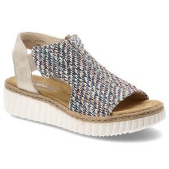 Sandały damskie Rieker, cholewka z materiału tekstylnego wsuwany fason na platformie, kolorowe, 69284-90. Sandały damskie Rieker, bez wzorów, bez obcasa, na platformie. Za 329.00 zł.