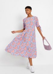 Sukienka midi. Fioletowe sukienki damskie bonprix, bez wzorów, bez kołnierzyka, bez ramiączek, midi. Za 179.99 zł.