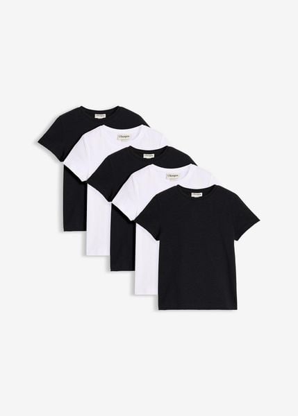 T-shirt z elastycznej bawełny organicznej (5 szt.). Białe koszulki dziewczęce bonprix, bez wzorów, z bawełny, bez ramiączek. Za 84.99 zł.