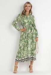 Zielona Sukienka Koszulowa i Wiązana w Pasie Iuliarsus. Zielone sukienki damskie Born2be, do pracy, l, bez wzorów, z materiału, biznesowe, bez kołnierzyka, bez ramiączek, maxi, koszulowe. Za 109.99 zł.