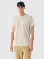 4F T-shirt regular z nadrukiem męski - beżowy S. Brązowe t-shirty męskie 4f, m, bez wzorów, z bawełny, bez kołnierzyka. W wyprzedaży za 39.99 zł.