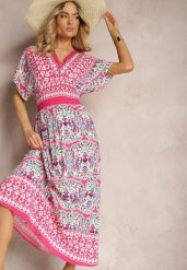 Fuksjowa Wiskozowa Sukienka Boho z Gumką w Pasie i Trójkątnym Dekoltem Casalina. Czerwone sukienki damskie Renee, na co dzień, l, bez wzorów, z wiskozy, boho, bez kołnierzyka, bez ramiączek, maxi. W wyprzedaży za 83.99 zł.