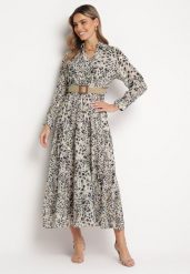 Szara Sukienka Maxi w Cętki z Gumą w Pasie i Plecionym Paskiem z Klamrą Anandra. Szare sukienki damskie Born2be, l, bez wzorów, z gumy, bez kołnierzyka, bez ramiączek, maxi, kopertowe. W wyprzedaży za 135.99 zł.
