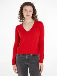 TOMMY JEANS Sweter w kolorze czerwonym rozmiar: L. Czerwone swetry klasyczne damskie Tommy Jeans, l, z bawełny, bez kołnierzyka. Za 171.28 zł.
