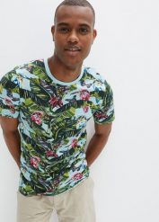 T-shirt z czystej bawełny organicznej. Niebieskie t-shirty męskie bonprix, na lato, m, z aplikacjami, z bawełny, bez kołnierzyka. Za 64.99 zł.