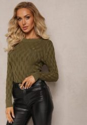 Zielony Sweter z Okrągłym Dekoltem i Tłoczeniami w Kształcie Liści Timaphone. Zielone swetry klasyczne damskie Renee, bez kołnierzyka. Za 54.99 zł.