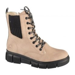 Buty Rieker Booties X3414-60 beżowy. Brązowe botki damskie z materiału, eleganckie, bez obcasa, bez zapięcia. Za 501.90 zł.