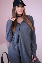 Komplet dresowy bluza z dłuższym bokiem grafitowy. Szare bluzy z kapturem damskie KESI, l, z bawełny. Za 334.56 zł.