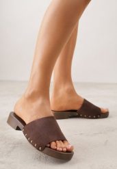 Ciemnobrązowe Klapki z Nitami Lephiaphe. Brązowe klapki damskie Renee, z aplikacjami, bez obcasa, na płaskiej podeszwie. Za 79.99 zł.