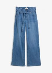 Jeansy wide leg, high waist, z bawełny organicznej. Niebieskie jeansy damskie bonprix, z podwyższonym stanem. Za 189.99 zł.