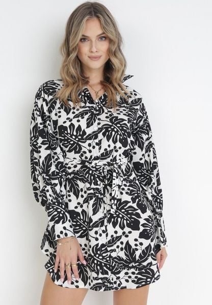 Czarna Koszulowa Sukienka Mini z Materiałowym Paskiem i Szerokimi Mankietami Fidonisa. Czarne sukienki damskie Born2be, l, bez wzorów, z materiału, bez kołnierzyka, bez ramiączek, mini, koszulowe. Za 64.99 zł.