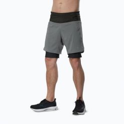 Spodenki do biegania męskie Mizuno Trail Multipocket 2in1. Szare szorty męskie Mizuno, z elastanu, bez kołnierzyka. Za 199.99 zł.