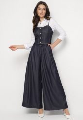 Granatowy Komplet z Wiskozy Szerokie Spodnie i Top na Ramiączkach Zidaniel. Niebieskie spodnie materiałowe damskie Born2be, bez wzorów, z bawełny, eleganckie. Za 239.99 zł.