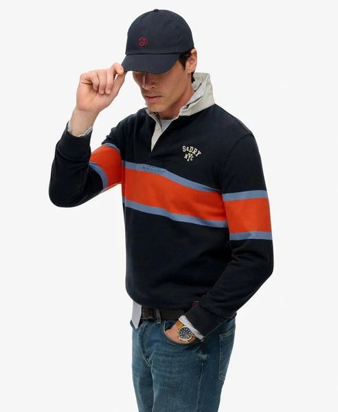Superdry Vintage Athletic Stripe Rugby Top z bawełny organicznej. Niebieskie topy sportowe damskie Superdry., l, bez wzorów, z bawełny, bez ramiączek. Za 322.70 zł.