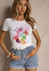 Biało-Niebieski Bawełniany T-shirt z Nadrukiem Zarinelle. Białe t-shirty damskie Renee, l, bez wzorów, z bawełny, bez kołnierzyka. Za 34.99 zł.