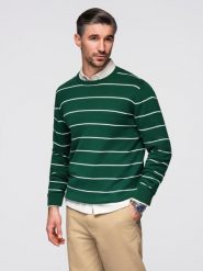 Casualowy sweter męski w poziome paski – zielony V4 - Rozmiar: L. Zielone swetry męskie Ombre Clothing, l, z aplikacjami, z bawełny, bez kołnierzyka. W wyprzedaży za 79.99 zł.