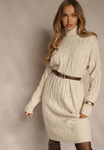 Jasnobeżowa Sukienka Sweterkowa z Golfem Wełną Bawełną i Ozdobnym Splotem Reilenea. Brązowe sukienki damskie Renee, na spotkanie biznesowe, l, bez wzorów, z bawełny, eleganckie, bez kołnierzyka, bez ramiączek, midi. Za 79.99 zł.