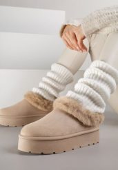 Ciemnobeżowe Krótkie Śniegowce na Platformie Ozdobione Futerkiem Sewlara. Brązowe śniegowce damskie Renee, z jeansu. Za 59.99 zł.