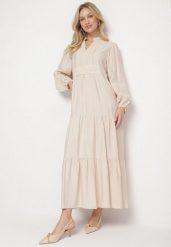 Jasnobeżowa Wiskozowa Sukienka Boho o Rozkloszowanym Kroju z Gumką i Koronką Gonillea. Brązowe sukienki damskie Born2be, na co dzień, na lato, l, z aplikacjami, z koronki, boho, bez kołnierzyka, bez ramiączek, maxi, rozkloszowane. W wyprzedaży za 127.99 zł.
