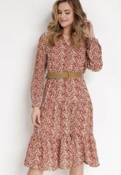 Czerwona Sukienka Z Paskiem Noroe. Czerwone sukienki damskie Born2be, l, bez wzorów, eleganckie, bez kołnierzyka, bez ramiączek, midi. Za 119.99 zł.