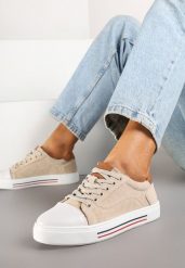 Beżowe Skórzane Trampki na Płaskiej Podeszwie ze Skórzaną Wkładką i Kontrastowym Noskiem Helili. Brązowe trampki i tenisówki damskie Born2be, bez wzorów, z jeansu. Za 79.99 zł.