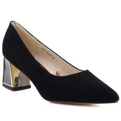 Skórzane półbuty damskie na ozdobym słupku czarne Vinceza 26-66921. Czarne półbuty damskie VINCEZA, z aplikacjami, z nubiku, bez obcasa, na słupku. Za 199.99 zł.