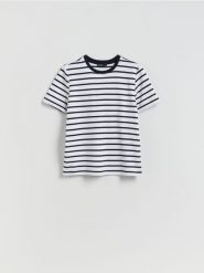 T-shirt z bawełny merceryzowanej - granatowy. Niebieskie t-shirty damskie Reserved, l, bez wzorów, z bawełny, bez kołnierzyka. Za 79.99 zł.