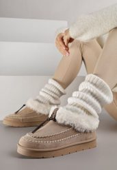 Ciemnobeżowe Śniegowce na Platformie Ozdobione Haftem i Futerkiem Linedis. Brązowe śniegowce damskie Renee, z futra. Za 99.99 zł.