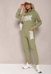 Zielony Komplet z Napisem Bluza Krótka i Spodnie ze Ściągaczami Nimilia. Zielone bluzy bez kaptura damskie Renee, bez wzorów. Za 69.99 zł.