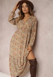 Beżowa Sukienka z Kopertowym Dekoltem i Gumką w Talii Behi. Brązowe sukienki damskie Renee, na co dzień, l, bez wzorów, eleganckie, bez kołnierzyka, bez ramiączek, maxi, kopertowe. W wyprzedaży za 97.99 zł.