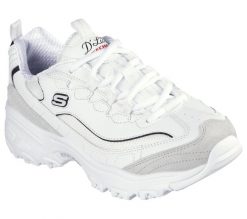 Buty do chodzenia damskie Skechers D'lites. Białe buty sportowe na co dzień damskie Skechers, bez wzorów, z gumy, trekkingowe. Za 299.99 zł.