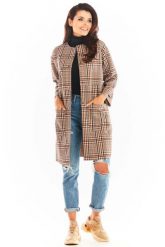 Płaszcz w Kratę z Dużymi Kieszeniami - Brązowy. Brązowe płaszcze damskie Awama, l, bez wzorów, z elastanu. Za 329.90 zł.