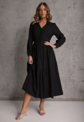 Czarna Rozkloszowana Sukienka Koszulowa z Bawełny i Wiskozy Zdobiona Klapami Gleta. Czarne sukienki damskie Renee, na co dzień, l, z aplikacjami, z bawełny, eleganckie, bez kołnierzyka, bez ramiączek, maxi, koszulowe. Za 129.99 zł.