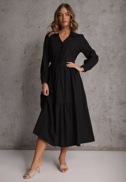 Czarna Rozkloszowana Sukienka Koszulowa z Bawełny i Wiskozy Zdobiona Klapami Gleta. Czarne sukienki damskie Renee, na co dzień, l, z aplikacjami, z bawełny, eleganckie, bez kołnierzyka, bez ramiączek, maxi, koszulowe. Za 129.99 zł.