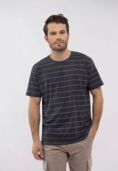 T-shirt w paski T-ALLY. Niebieskie t-shirty męskie Volcano, l, z aplikacjami, z bawełny, bez kołnierzyka. Za 79.99 zł.
