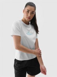 4F T-shirt regular z nadrukiem damski - biały S. Białe t-shirty damskie 4f, s, bez wzorów, z bawełny, bez kołnierzyka. W wyprzedaży za 39.99 zł.