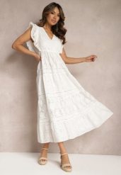 Biała Haftowana Sukienka z Bawełny z Rozkloszowanym Dołem z Koronką i Falbankami Xirina. Białe sukienki damskie Renee, na lato, w ażurowe wzory, z bawełny, bez kołnierzyka, bez ramiączek, maxi, rozkloszowane. Za 139.99 zł.