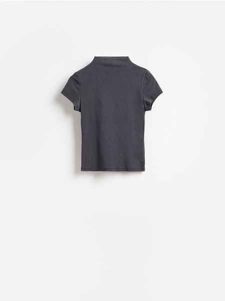 T-shirt ze stójką - ciemnoszary. Szare t-shirty damskie Reserved, l, bez wzorów, z dzianiny, bez kołnierzyka. Za 49.99 zł.