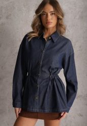 Granatowa Koszula z Bawełny Ściągana w Talii Troczkami Hettia. Niebieskie koszule damskie Renee, l, bez wzorów, z bawełny, eleganckie, bez kołnierzyka, bez ramiączek. Za 139.99 zł.