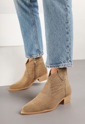 Ciemnobeżowe Botki na Stożku w Stylu Kowbojek z Ażurową Cholewką Fonarela. Brązowe botki damskie Renee, z jeansu, eleganckie, bez obcasa, na obcasie, bez zapięcia. Za 119.99 zł.