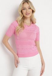 Różowa Ażurowa Bluzka z Krótkim Rękawem Alirada. Czerwone bluzki damskie Born2be, xs, w ażurowe wzory, bez kołnierzyka, bez ramiączek. Za 74.99 zł.